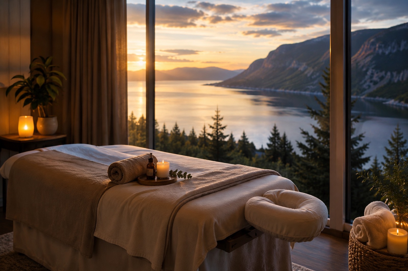 Table de massage avec vue sur le fleuve au coucher du soleil