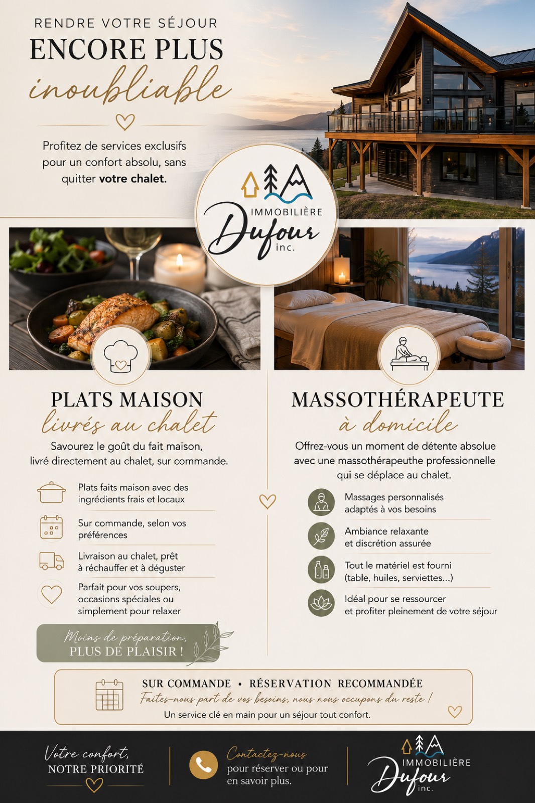 Services exclusifs : plats maison livrés au chalet et massothérapeute à domicile